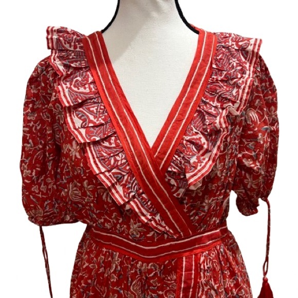 Cleobella Women’s Blair 100% Cotton Floral Ruffle Wrap Mini Dress Red Size 4 - Picture 2 of 14